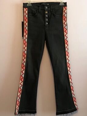 Veronica Beard “Carolyn" Baby Boot Jean Embroidered Smoke/Pink Aztec Tux Stripe!